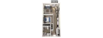 A 3D floor plan of a small apartment with a bedroom, living room, and kitchen.