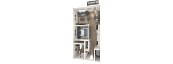 A 3D rendered image of a small apartment layout.