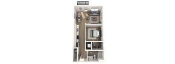 A 3D floor plan of a small apartment with a kitchen, living room, and bathroom.