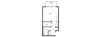 A black and white drawing of a living room, bathroom, and balcony layout.