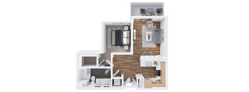 A top-down view of a modern apartment layout.