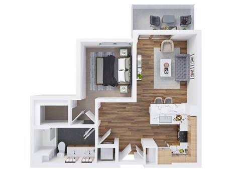 A top-down view of a modern apartment layout.