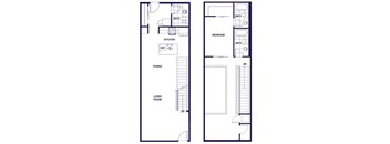 A floor plan of a two-story apartment with a living room, dining room, kitchen, bedroom, and two and half bathrooms.