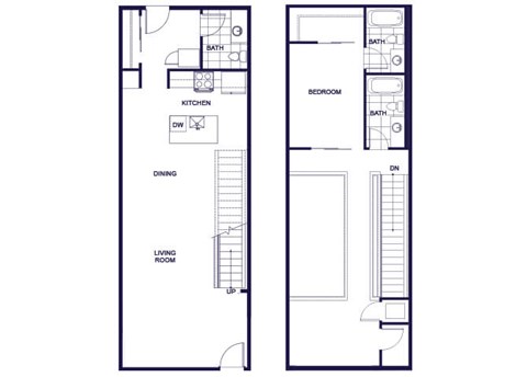 A floor plan of a two-story apartment with a living room, dining room, kitchen, bedroom, and two and half bathrooms.