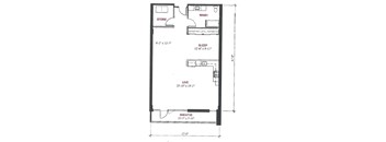 A floor plan of a small apartment with a sleeping area, a living area, and a store.