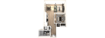 A 3D floor plan of a small apartment with a kitchen, living room, and bathroom.