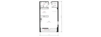 A floor plan of a small apartment with a sleeping area, a living area, and a bathroom.
