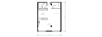 A floor plan of a small apartment with a sleeping area, a living area, and a store.