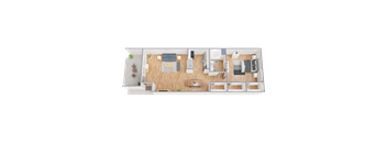 A 3D floor plan of a house with a living room, kitchen, dining area, and bedrooms.