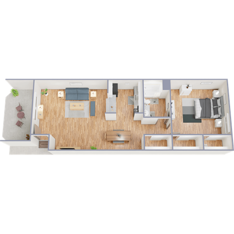 A 3D floor plan of a house with a living room, kitchen, dining area, and bedrooms.