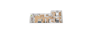 A 3D rendered image of a modern house layout.
