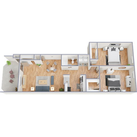 A 3D rendered image of a modern house layout.