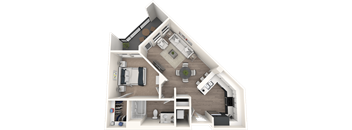 A 3D floor plan of a house showing a kitchen, living room, and two bedrooms.