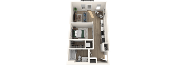 A 3D rendered image of a small apartment layout.