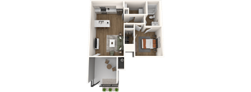 A 3D floor plan of a small apartment with a kitchen, living room, and bedroom.