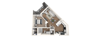 A 3D floor plan of a house showing a kitchen, living room, and two bedrooms.