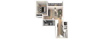 A 3D floor plan of a small apartment with a kitchen, living room, and bathroom.