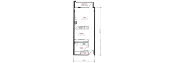A floor plan of a small apartment with a sleeping area, a living area, and a washroom.
