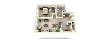 A 3D floor plan of a house with a living room, kitchen, dining room, and bedrooms.