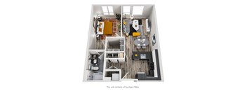 A top down view of a unit with a patio.