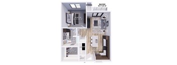 A floor plan of a one bedroom apartment with a balcony.
