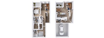 Two floor plan images of a house with a car parked in the garage.