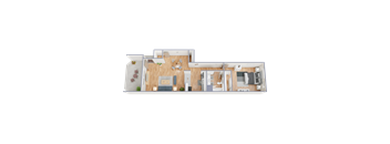 A 3D floor plan of a house with a living room, kitchen, dining area, and two bedrooms.