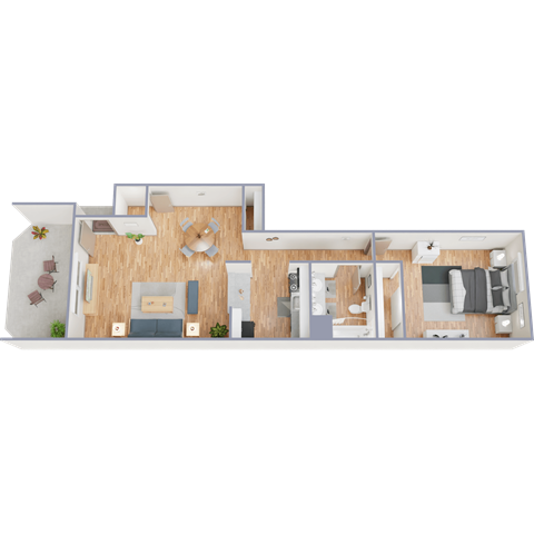 A 3D floor plan of a house with a living room, kitchen, dining area, and two bedrooms.