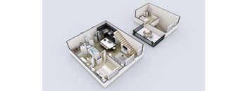 A 3D model of a house with a kitchen, living room, and bathroom.
