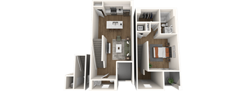 A 3D floor plan of a house showing a living room, kitchen, and two bedrooms.