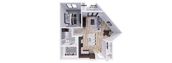A floor plan of a home with a living room, dining room, kitchen, and two bedrooms.
