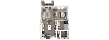 A 3D floor plan of a small apartment with a living room, kitchen, and bedroom.