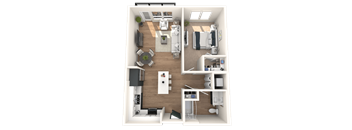 A top-down view of a small apartment with a living room, kitchen, and bedroom.