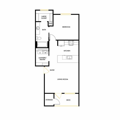 A floor plan of a house with a large closet, bath, kitchen, living room, and deck.