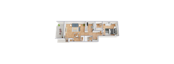 A 3D rendered image of a modern apartment layout.