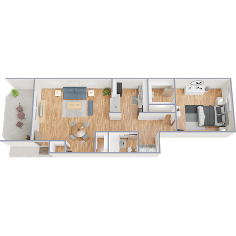 A 3D rendered image of a modern apartment layout.