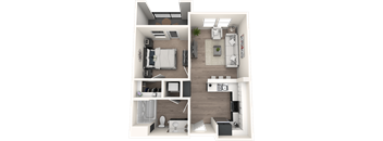 A 3D floor plan of a small apartment with a bedroom, living room, kitchen, and bathroom.