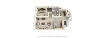 A 3D floor plan of a house with a living room, kitchen, dining room, and bedrooms.
