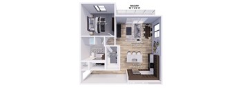 A floor plan of a two-bedroom apartment with a living room, kitchen, and bathroom.