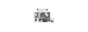 A top-down view of a small apartment with a kitchen, living room, and bathroom.