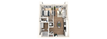 A top-down view of a two-bedroom apartment with a living room, kitchen, and bathroom.