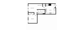 A simple black and white floor plan of a house with a living room, dining room, kitchen, bathroom, and bedroom.