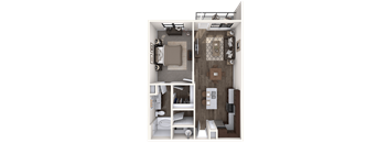 A top-down view of a small, neatly organized bedroom with a bed, desk, and storage.