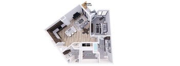 A 3D floor plan of a small apartment with a balcony, two bathrooms, a living room, and a kitchen.