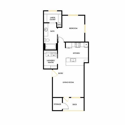 A floor plan of an apartment with a large closet, laundry/pantry, and a deck.