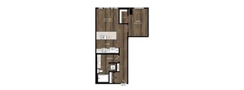 A floor plan of a house with a living room, dining room, kitchen, and bathroom.