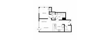 A floor plan of a house with a living room, dining room, kitchen, bathroom, and bedroom.