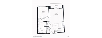 A floor plan of a home with a balcony, bedroom, bath, closet, kitchen, and living room.