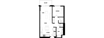 A floor plan of a house with a balcony, living room, dining room, kitchen, bedroom, bathroom, and walk-in closet.