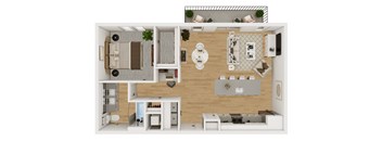 a 1 bedroom floor plan with a bathroom and a living room